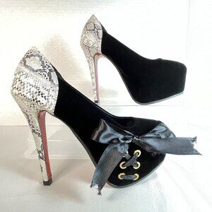 Weiyali Women's Size EU 37 (US‎ 6.5) Black Velour High Heels Platform Ribbon